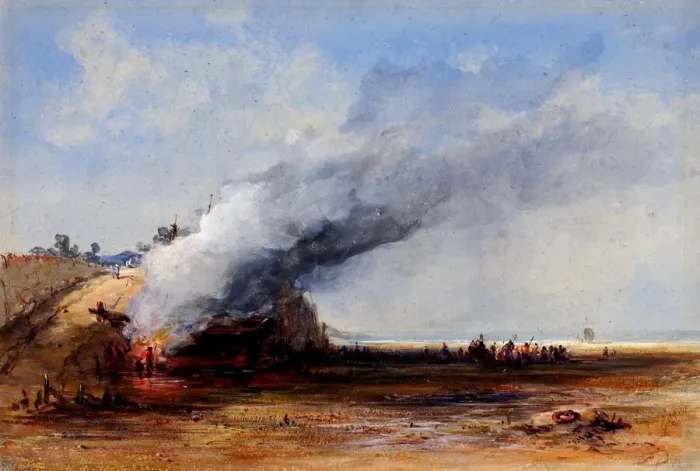 Framed Print : Burning of an Old Boat, 19th century. Creator: Francis Danby Framed Print : Burning of an Old Boat, 19th century. Creator: Francis Danby