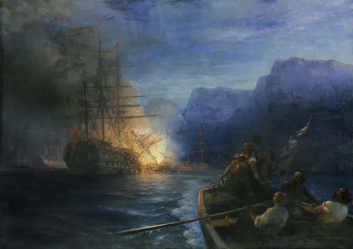 Framed Print : The Burning of the Ottoman flagship off Chios by Konstantinos Kanaris, 1881. Creator: Aivazovsky, Ivan Konstantinovich (1817-1900) Framed Print : The Burning of the Ottoman flagship off Chios by Konstantinos Kanaris, 1881. Creator: Aivazovsky, Ivan Konstantinovich (1817-1900)
