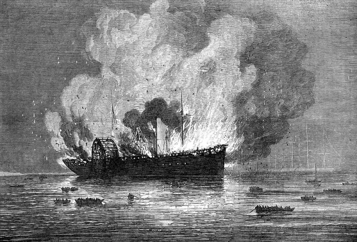 Framed Print : Burning of the Pacific Mail Company's ship America, at Yokohama, 1872. Creator: Unknown Framed Print : Burning of the Pacific Mail Company's ship America, at Yokohama, 1872. Creator: Unknown