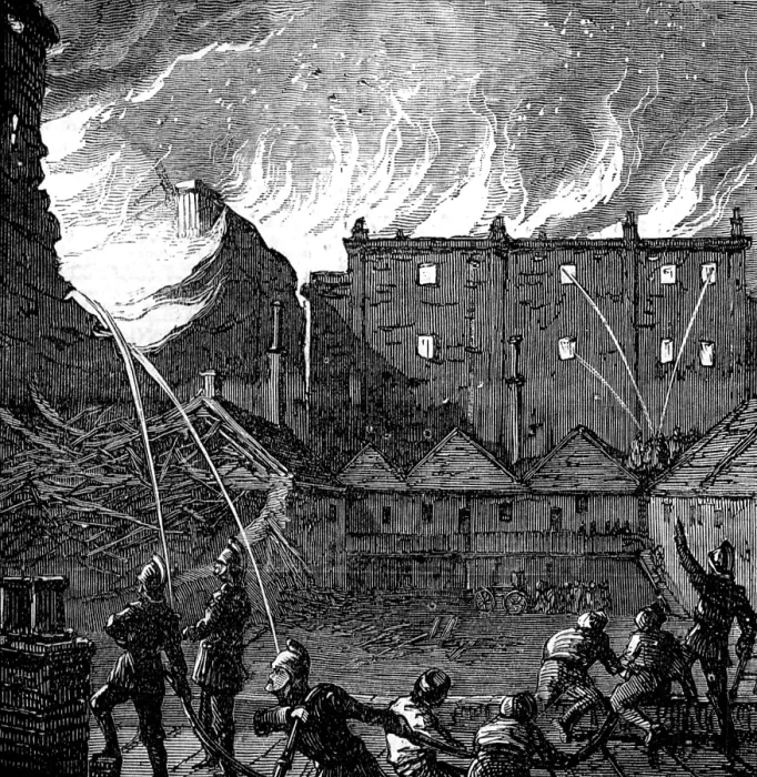 Framed Print : The Burning of the Pantechnicon: the fire, seen from the roof of Rice's Stables, 1874. Creator: Unknown. The Burning of the Pantechnicon: the fire, seen from the roof of Rice's Stables, 1874. Creator: Unknown