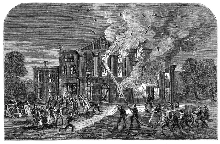 Framed Print : Burning of Pengwern Hall, near St. Asaph, the seat of Lord Mostyn, 1864. Creator: Unknown Framed Print : Burning of Pengwern Hall, near St. Asaph, the seat of Lord Mostyn, 1864. Creator: Unknown