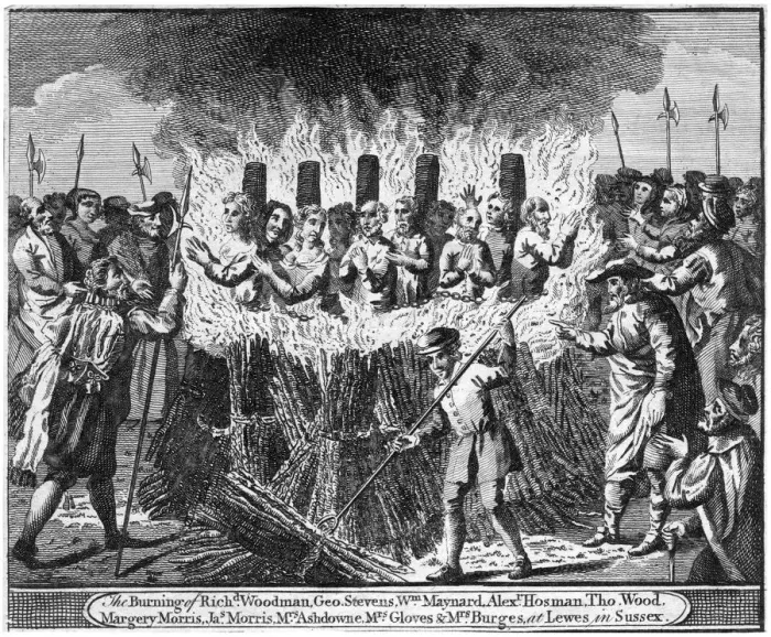 Framed Print : The Burning of Richard Woodman and nine other protestant martyrs, at Lewes in Sussex