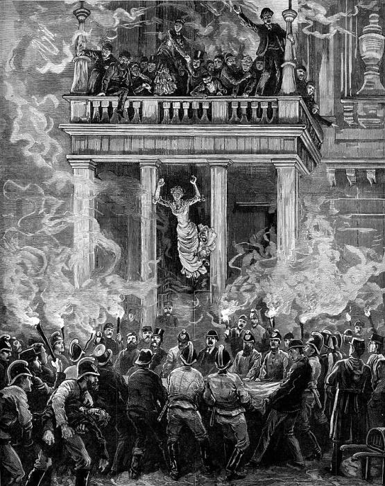 Framed Print : Burning of the Ring Theatre, Vienna: how some were saved - from a sketch by A. Schonauer, 1881. Creator: Unknown Framed Print : Burning of the Ring Theatre, Vienna: how some were saved - from a sketch by A. Schonauer, 1881. Creator: Unknown