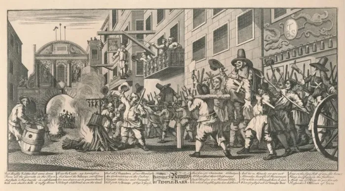 Framed Print : Burning the Rumps at Temple Bar, London, 1726. Artist: William Hogarth Framed Print : Burning the Rumps at Temple Bar, London, 1726. Artist: William Hogarth