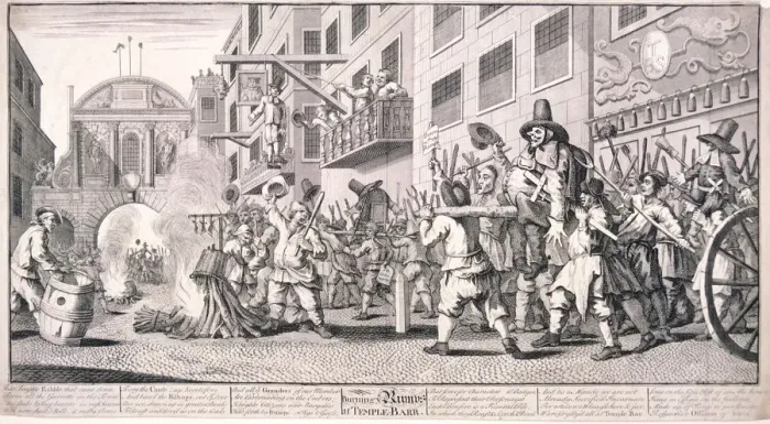Framed Print : Burning the rumps at Temple Bar, London, 1726. Artist: William Hogarth Framed Print : Burning the rumps at Temple Bar, London, 1726. Artist: William Hogarth