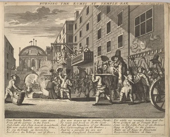 Framed Print : Burning the Rumps at Temple Bar (Plate 11: Illustrations to Samuel Butlers Hudibras) Framed Print : Burning the Rumps at Temple Bar (Plate 11: Illustrations to Samuel Butlers Hudibras)