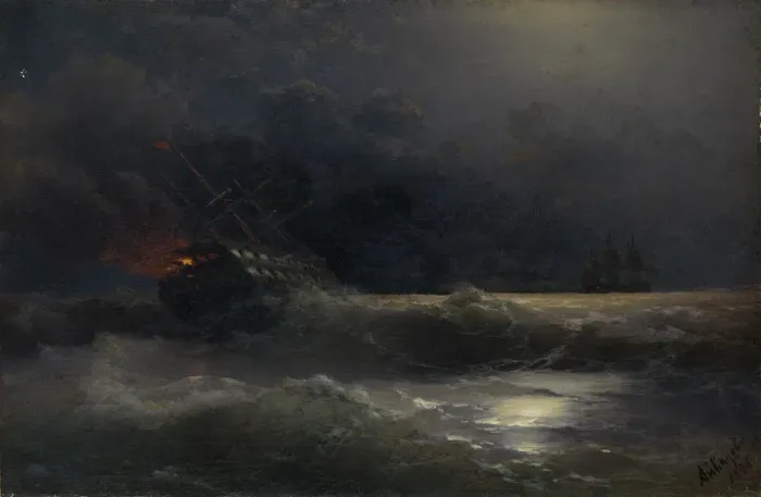Framed Print : Burning ship (An episode of the Russian-Turkish War), 1896. Artist: Aivazovsky, Ivan Konstantinovich (1817-1900) Framed Print : Burning ship (An episode of the Russian-Turkish War), 1896. Artist: Aivazovsky, Ivan Konstantinovich (1817-1900)