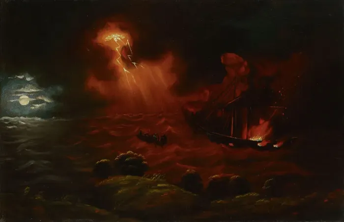 Framed Print : Burning steamboat, c1850s. Creator: Markus Larsson Framed Print : Burning steamboat, c1850s. Creator: Markus Larsson