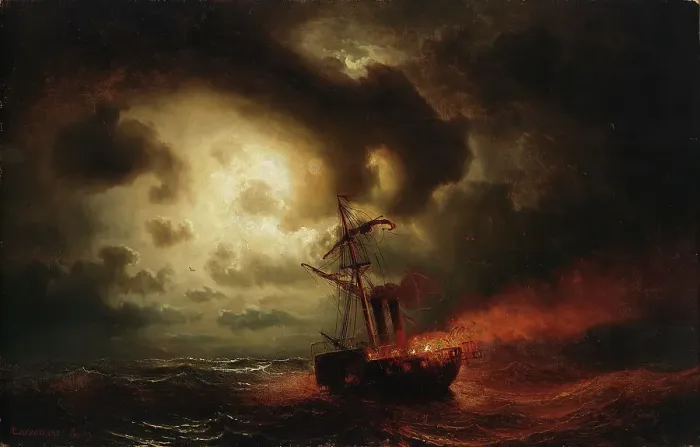 Framed Print : Burning Steamship, 1857. Creator: Markus Larsson Framed Print : Burning Steamship, 1857. Creator: Markus Larsson