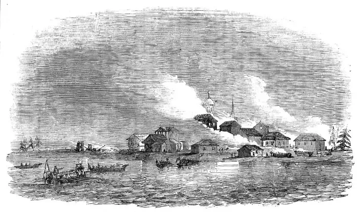 Framed Print : Burning of the town of Novitska, in the White Sea, 1854. Creator: Unknown Framed Print : Burning of the town of Novitska, in the White Sea, 1854. Creator: Unknown