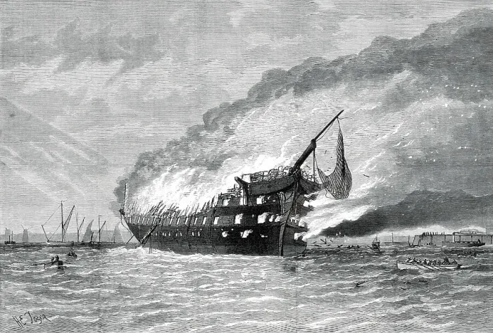 Framed Print : Burning of the training-ship Goliath, 1876. Creator: H. E. Tozer Framed Print : Burning of the training-ship Goliath, 1876. Creator: H. E. Tozer