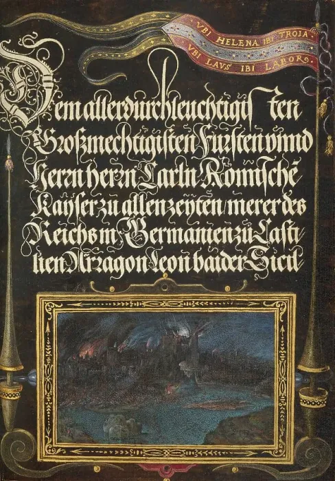 Framed Print : The Burning of Troy: Banner of the House of Hapsburg, 1561-1562; illumination added 1591-1596. Creator: Joris Hoefnagel Framed Print : The Burning of Troy: Banner of the House of Hapsburg, 1561-1562; illumination added 1591-1596. Creator: Joris Hoefnagel
