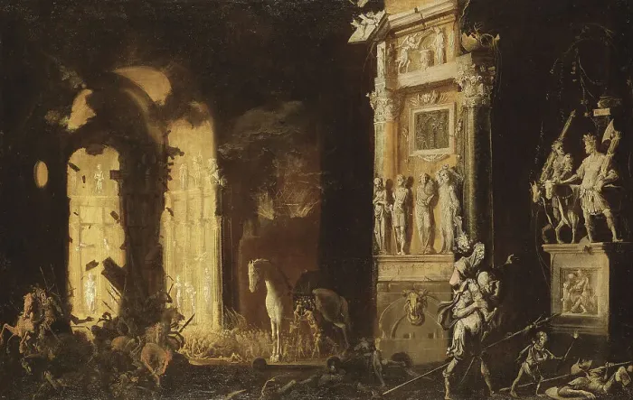 Framed Print : The Burning of Troy with the Flight of Aeneas and Anchises, early-mid 17th century. Creator: Francois de Nome Framed Print : The Burning of Troy with the Flight of Aeneas and Anchises, early-mid 17th century. Creator: Francois de Nome