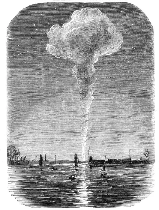 Framed Print : The Burning of the Vauxhall Railway Station, seen from Battersea-Bridge, 1856. Creator: Unknown Framed Print : The Burning of the Vauxhall Railway Station, seen from Battersea-Bridge, 1856. Creator: Unknown