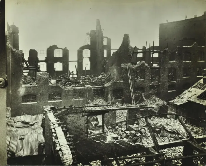 Framed Print : Burnt-out building, Concordia Wharf, Poplar, London, 1924 Framed Print : Burnt-out building, Concordia Wharf, Poplar, London, 1924