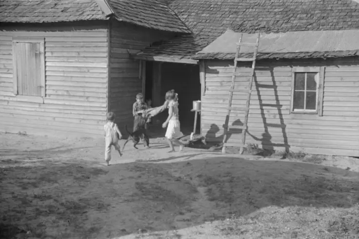 Framed Print : Burroughs children playing in the yard, Hale County, Alabama, 1936. Creator: Walker Evans Framed Print : Burroughs children playing in the yard, Hale County, Alabama, 1936. Creator: Walker Evans
