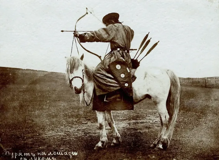 Framed Print : Buryat on horseback with bow, 1895-1939. Creator: L Veniukov Framed Print : Buryat on horseback with bow, 1895-1939. Creator: L Veniukov