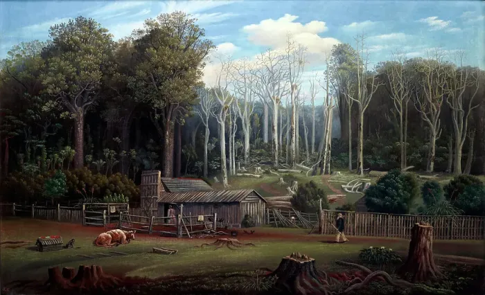 Framed Print : A Bush Settler's Home in New Zealand, 1884. Creator: Samuel Stuart Framed Print : A Bush Settler's Home in New Zealand, 1884. Creator: Samuel Stuart