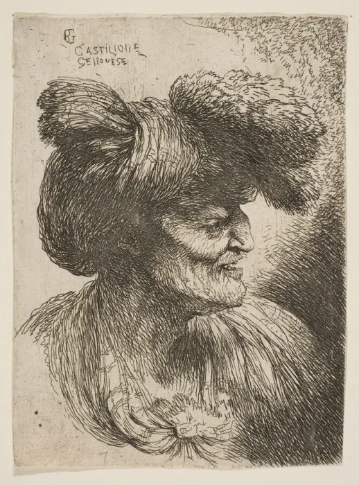 Framed Print : Bust of beardless old man in profile facing right, from the series of Small Head... ca