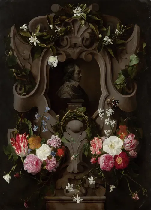 Framed Print : Bust of Constantijn Huygens Surrounded by a Garland of Flowers (1596-1687), 1644. Creators: Daniel Seghers, Jan Cossiers Framed Print : Bust of Constantijn Huygens Surrounded by a Garland of Flowers (1596-1687), 1644. Creators: Daniel Seghers, Jan Cossiers