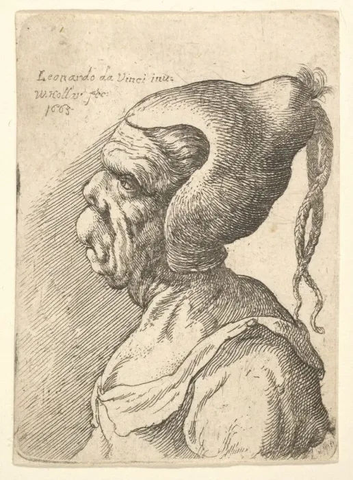 Framed Print : Bust of a deformed woman with conical hat and two dangling plaits in profile to left Framed Print : Bust of a deformed woman with conical hat and two dangling plaits in profile to left