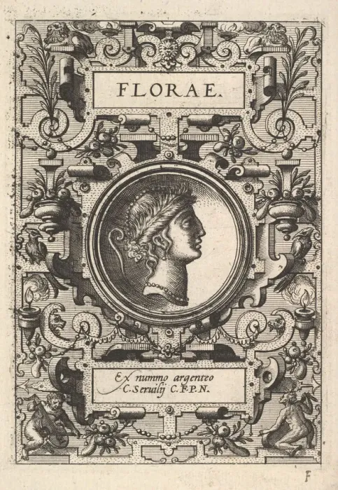 Framed Print : Bust of Florae surrounded by strapwork, from the series Deorum dearumque Framed Print : Bust of Florae surrounded by strapwork, from the series Deorum dearumque