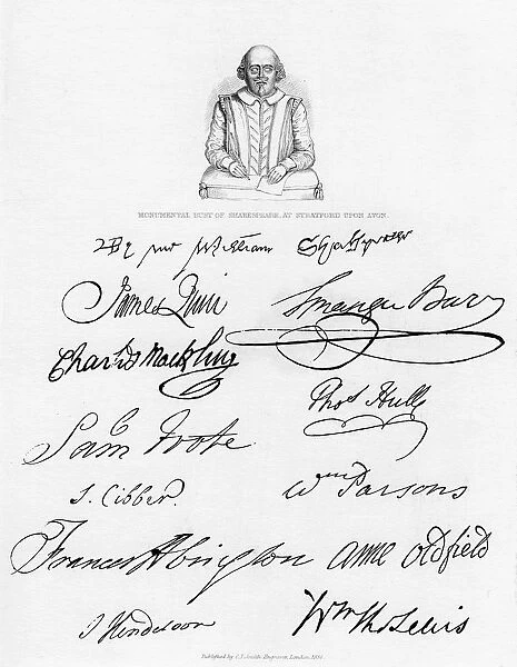 Bust of Shakespeare and signatures of celebrated actors, (1840)