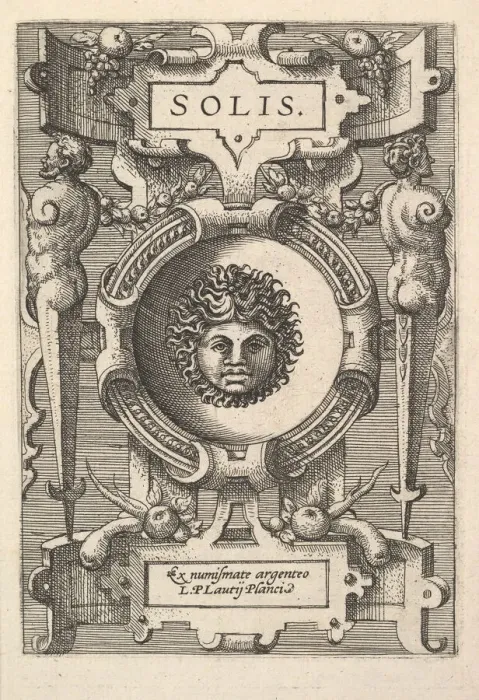 Framed Print : Bust of Sol surrounded by strapwork, from the series Deorum dearumque Framed Print : Bust of Sol surrounded by strapwork, from the series Deorum dearumque