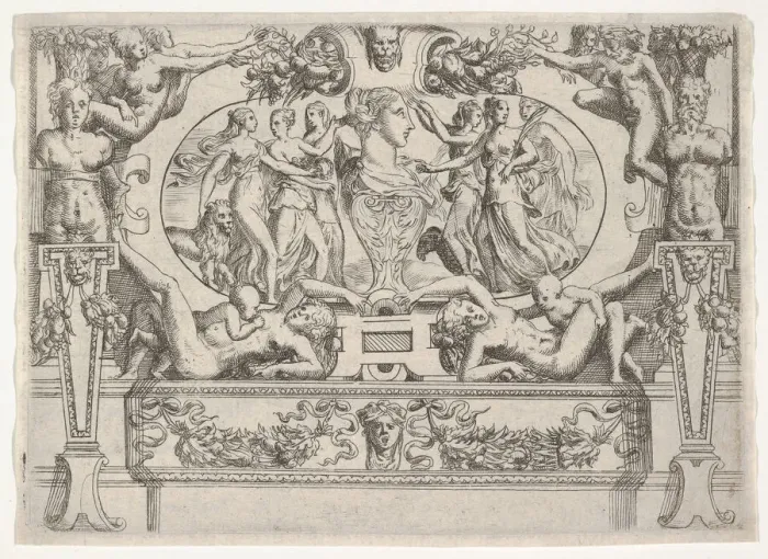 Framed Print : Bust of a woman flanked by three women on each side, set within an elaborate frame, ca Framed Print : Bust of a woman flanked by three women on each side, set within an elaborate frame, ca
