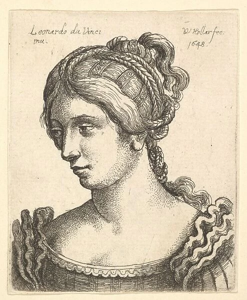 Bust of a woman looking downwards towards left with elaborately decorated hair, 1648