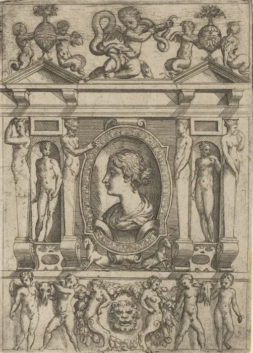 Framed Print : Bust of a woman in profile facing left, set in an elaborate frame with figures in n Framed Print : Bust of a woman in profile facing left, set in an elaborate frame with figures in n