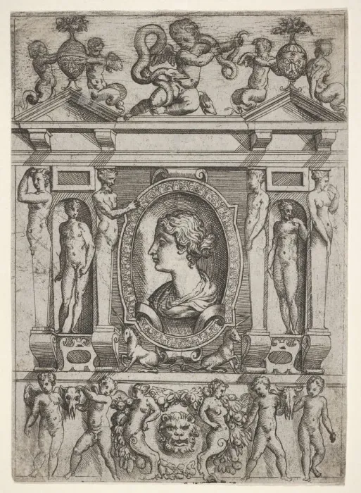 Framed Print : Bust of a woman in profile facing left, set in an elaborate frame with figures in n Framed Print : Bust of a woman in profile facing left, set in an elaborate frame with figures in n