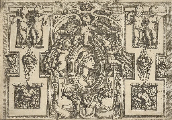 Bust of a woman in profile facing right, set within an elaborate frame with putti