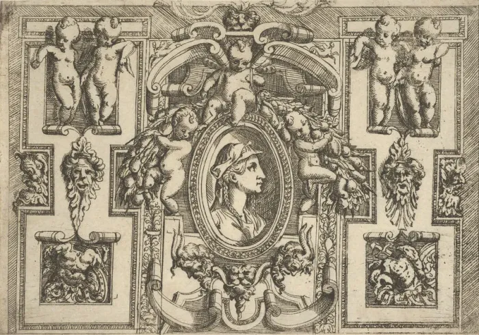Framed Print : Bust of a woman in profile facing right, set within an elaborate frame with putti Framed Print : Bust of a woman in profile facing right, set within an elaborate frame with putti