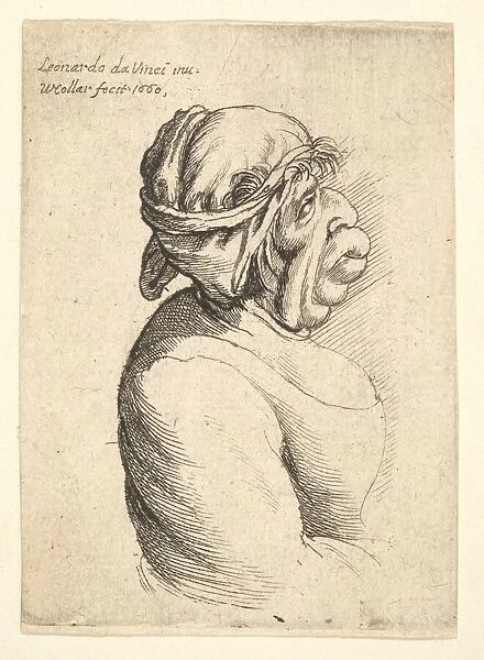 Bust of woman with protruding mouth wearing low-cut dress and cloth bound around her head