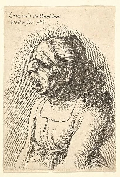 Bust of woman with wide-open mouth and long curly hair falling over her shoulders