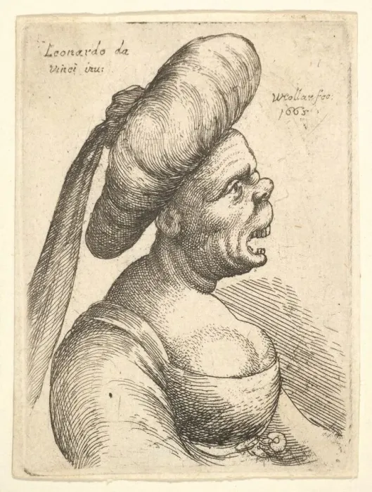 Framed Print : Bust of woman with wide open mouth and up-turned nose, wearing large flat turban with Framed Print : Bust of woman with wide open mouth and up-turned nose, wearing large flat turban with