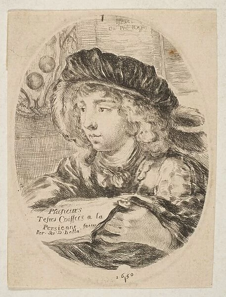 A bust of a young man wearing a cap with feathers, turned three-quarters to the left