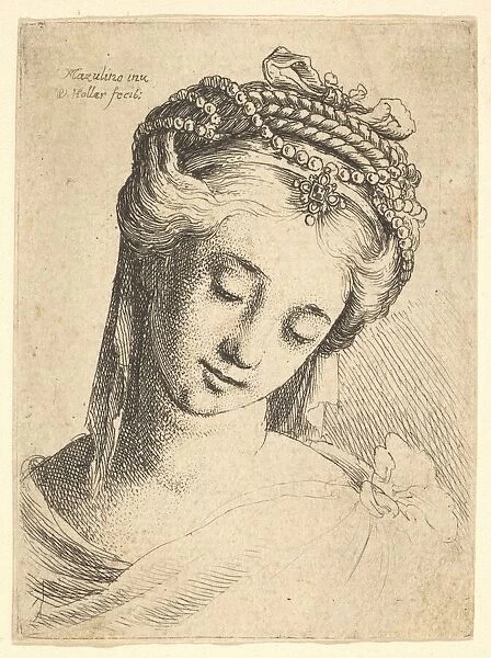 Bust of a young woman with elaborate headdress, looking down., 1625-77