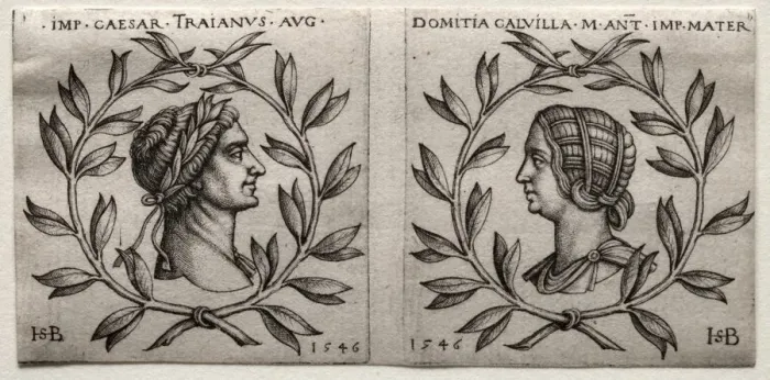 Framed Print : Busts of Emperor Trajan and Domitia Calvilla, 1546. Creator: Hans Sebald Beham (German, 1500-1550) Framed Print : Busts of Emperor Trajan and Domitia Calvilla, 1546. Creator: Hans Sebald Beham (German, 1500-1550)