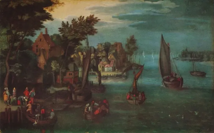 Framed Print : A Busy River Scene with Dutch Vessels and a Ferry, c1605. Artist: Jan Bruegel The Elder Framed Print : A Busy River Scene with Dutch Vessels and a Ferry, c1605. Artist: Jan Bruegel The Elder