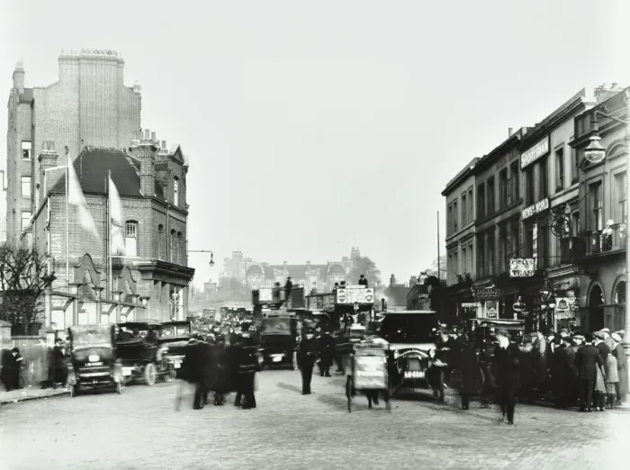Framed Print : Busy street by Stamford Bridge Stadium, (Chelsea Football Ground), Fulham, London, 1912 Framed Print : Busy street by Stamford Bridge Stadium, (Chelsea Football Ground), Fulham, London, 1912
