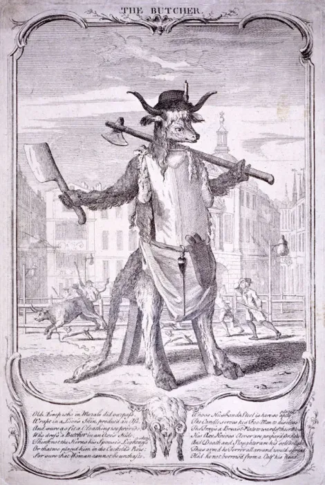 Framed Print : The butcher, 1740. Artist: George Bickham Framed Print : The butcher, 1740. Artist: George Bickham