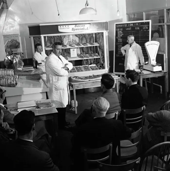 Framed Print : Butcher from Danish Bacon giving a demonstration, Kilnhurst, South Yorkshire, 1961 Framed Print : Butcher from Danish Bacon giving a demonstration, Kilnhurst, South Yorkshire, 1961