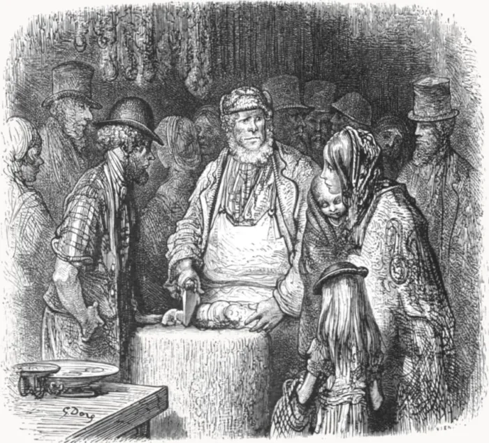 Framed Print : The Butcher - Newport Market Alley, 1872. Creator: Gustave Doré Framed Print : The Butcher - Newport Market Alley, 1872. Creator: Gustave Doré