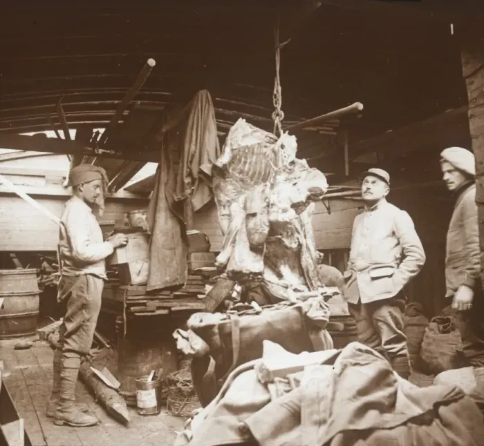 Framed Print : Butchers on a barge, Somme, northern France, c1914-c1918 Framed Print : Butchers on a barge, Somme, northern France, c1914-c1918