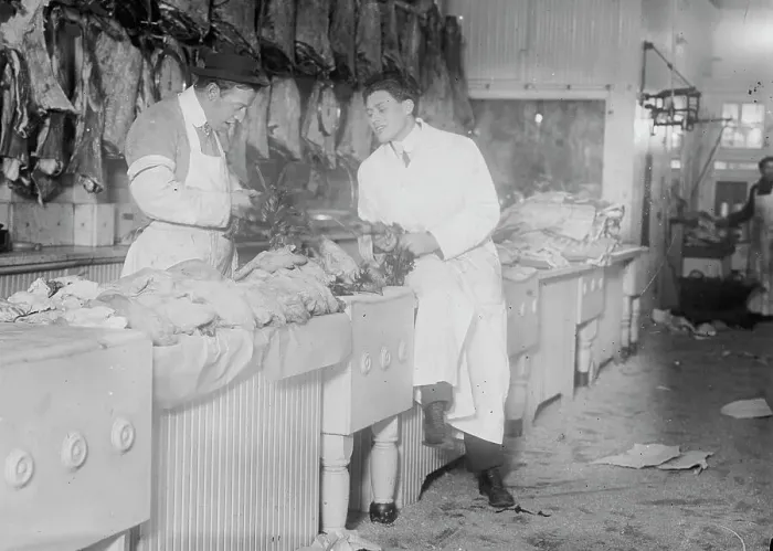 Framed Print : Butchers idle at meat counter during meat boycott, 1910. Creator: Bain News Service Framed Print : Butchers idle at meat counter during meat boycott, 1910. Creator: Bain News Service