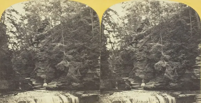 Framed Print : Buttermilk Creek, Ithaca, N. Y. Steeple Rock from below, 50 feet, 1860 / 65. Creator: J. C Framed Print : Buttermilk Creek, Ithaca, N. Y. Steeple Rock from below, 50 feet, 1860 / 65. Creator: J. C