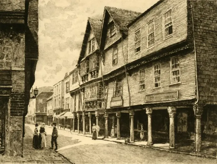 Framed Print : The Butterwalk, Dartmouth, 1898. Creator: Unknown Framed Print : The Butterwalk, Dartmouth, 1898. Creator: Unknown