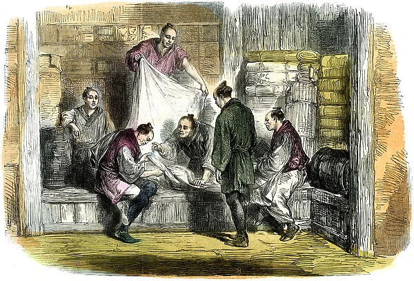 Buying camlets in a shop, Yokohama, Japan, 1865